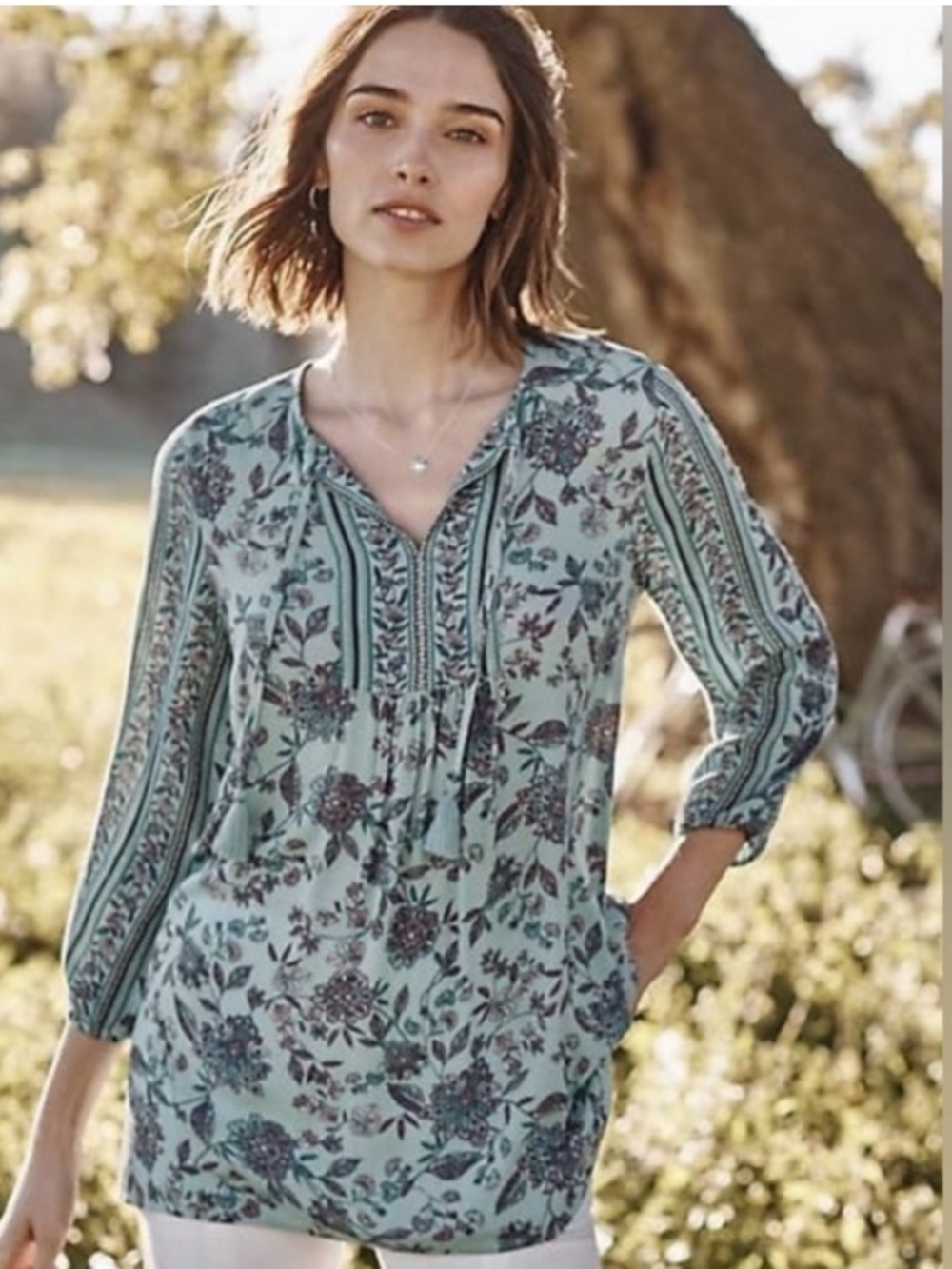 J Jill Aqua Floral Boho Blouse Peasant Lightweight L